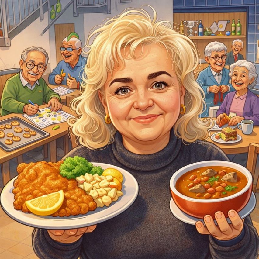 A woman holding a bowl and a plate of food. In the background, elderly people are sitting at a table, possibly in a kitchen.