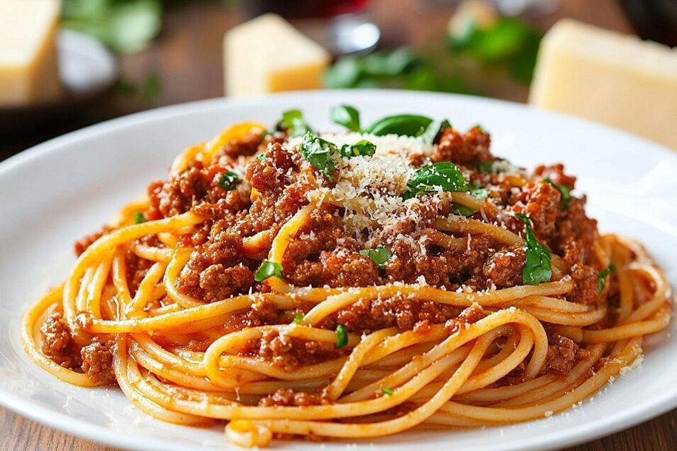 Ein Teller mit Spaghetti, reichhaltiger roter Fleischsauce, überzogen mit frischen Basilikumblättern und geriebenem Käse.
