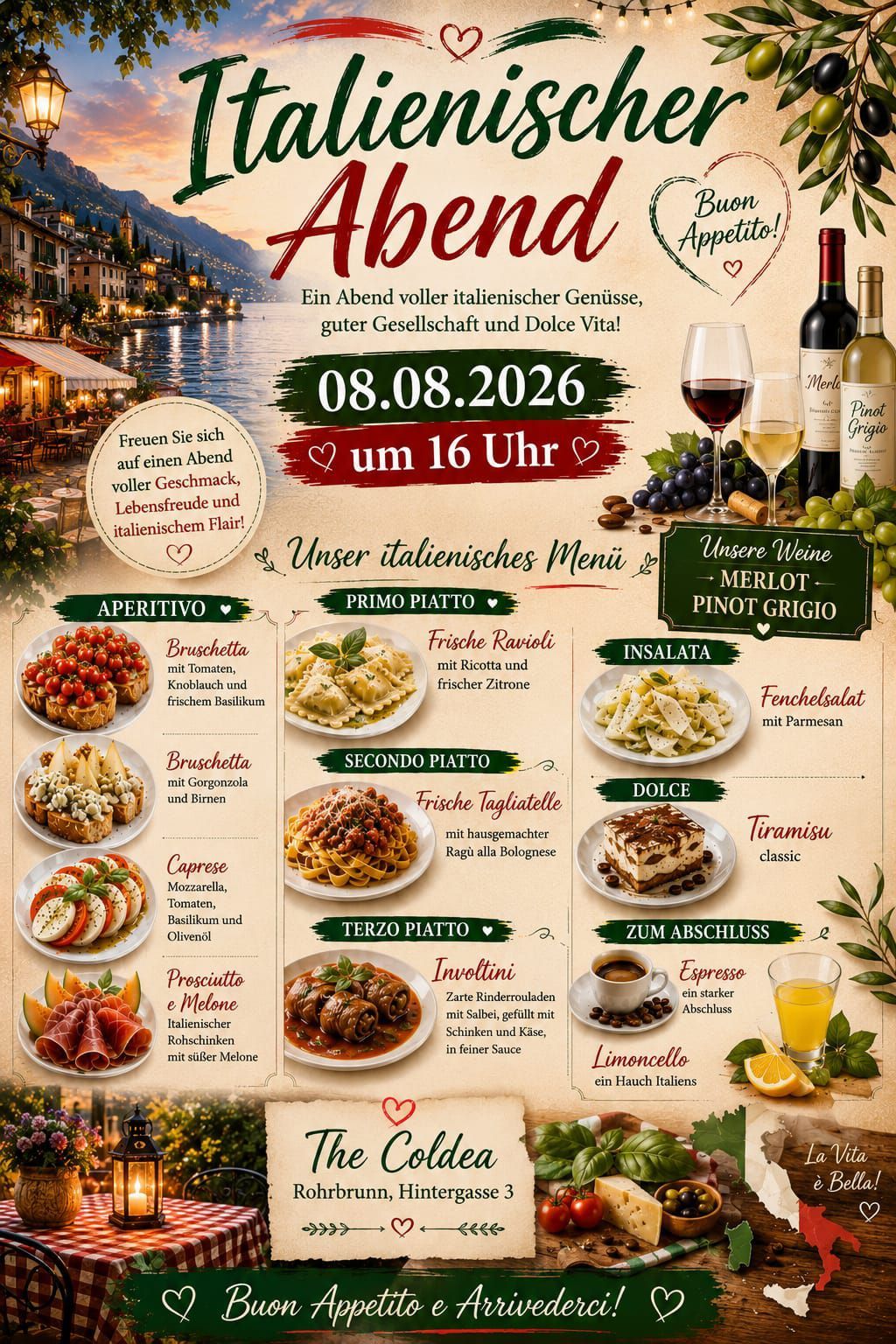 Ein Plakat für ein italienisches Abendmenü mit einer malerischen Kulisse, das Gerichte wie Bruschetta, frische Ravioli und Tiramisu sowie Weinoptionen und das Datum 08.08.2026 zeigt.