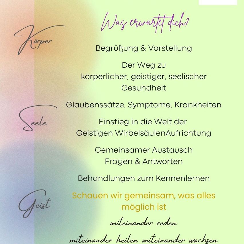 Gesundheit: Körper, Seele, Geist - Was erwartet dich? Begrüßung, Weg zu Gesundheit, Glaubenssätze, Geistige Wirbelsäulenaufrichtung