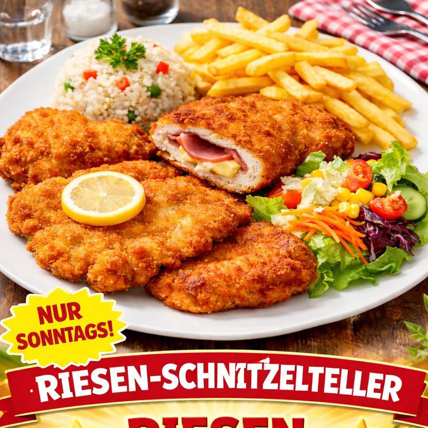 Ein Teller mit knusprigem gebratenem Hähnchen, begleitet von Reis, Pommes und einem Salat mit Zitrone und Gemüse. Das Bild hat einen roten Banner mit dem Text 'Nur Sonntags!' und 'Riesen-Schnitzelteller'.