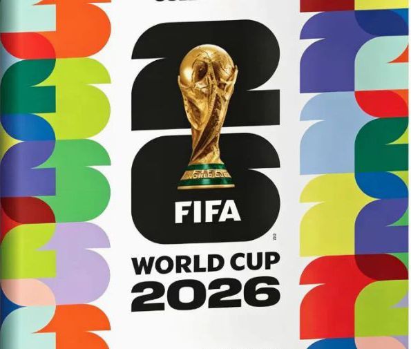 The poster for the FIFA World Cup 2026, featuring the golden trophy against a vibrant, colorful background.