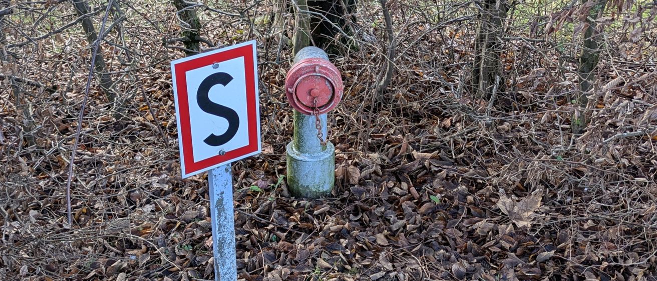 Ein Schild mit dem Buchstaben S und ein Feuerlöscher stehen auf einem mit trockenen Blättern bedeckten Feld.