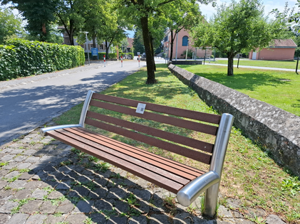 Eine braune Holzbank mit Metallarmlehnen steht auf einem Kopfsteinpflaster in einem Park. Die Bank ist von saftigem grünem Gras und Bäumen umgeben. Im Hintergrund befindet sich ein Gebäude mit einer rosa Wand und einem Weg mit Straßenschildern.