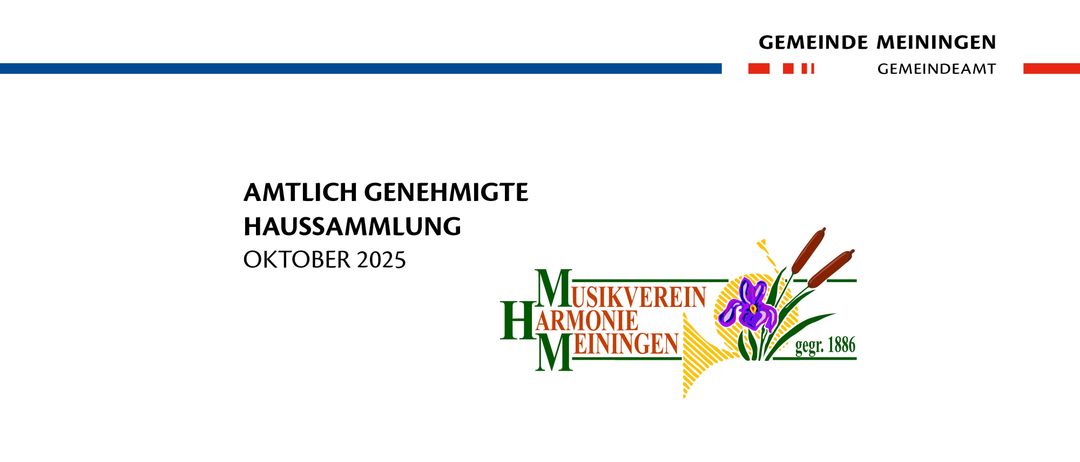 Amtlich genehmigte Haussammlung im Oktober 2025 mit dem Logo des Musikvereins Harmonie Meiningen, gegründet 1888.
