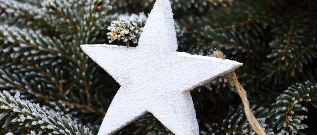 Ein weißer sternförmiger Ziergegenstand ruht auf einem mit Schnee bedeckten Kiefernzweig. Der Stern ist aus Holz und hat ein einfaches Design.