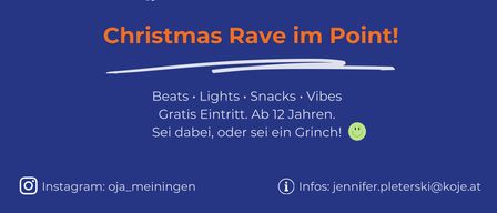 Eine Werbung für eine Weihnachtsrave im Jugendtreff am Samstag, 20.12.2025, von 18-22 Uhr. Mit Stern und Banderole.