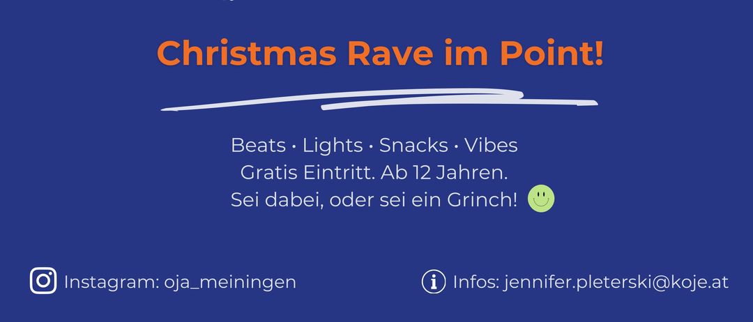 Eine Werbung für eine Weihnachtsrave im Jugendtreff am Samstag, 20.12.2025, von 18-22 Uhr. Mit Stern und Banderole.