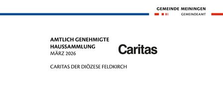 Ein Flyer für die genehmigte Sammlung von Caritas im März 2026. Das Logo und der Name der Organisation sind abgebildet.