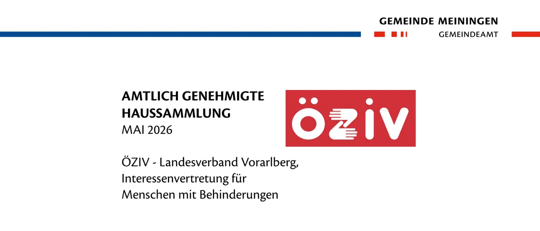 Das Poster zeigt ein rotes Quadrat mit den Buchstaben OZIv und einem Logo. Darunter steht der Text 'Amtlich genehmigte Haussammlung Mai 2026'. Weiter unten steht der Text 'ÖZIV - Landesverband Vorarlberg, Interessenvertretung für Menschen mit Behinderungen'.