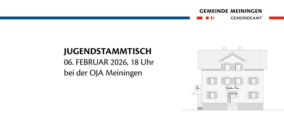 Eine blaue Linie oben, der Text 'GEMEIN' in Rot, eine blaue Linie darunter, der Text 'JUGENDSTAMMTISC', das Datum '06. FEBRUAR 2026, 18 Uhr' und 'bei der OJA Meiningen' mit einem Hausbild.
