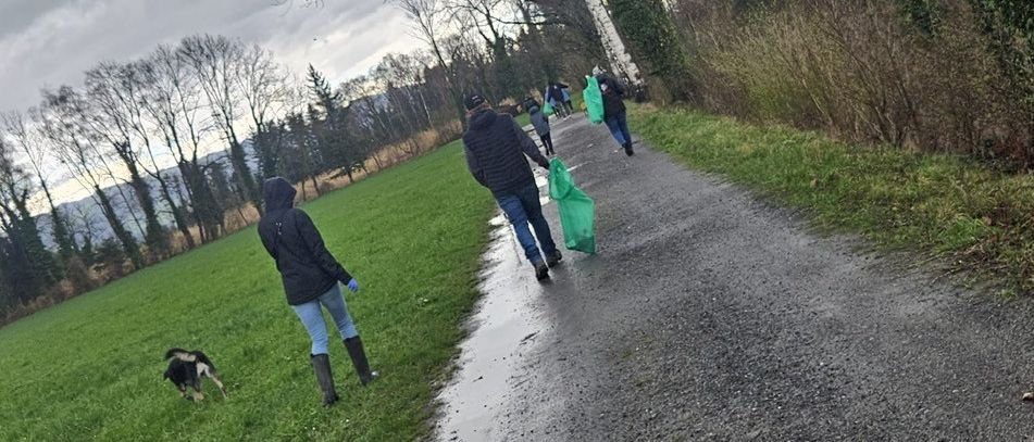 Mehrere Menschen gehen mit grünen Tüten in der Hand auf einem nassen Pfad in einem Grasfeld. Sie scheinen an einer Müllsammelaktion teilzunehmen. Ein schwarz-weißer Hund folgt ihnen. Das Gebiet ist von Bäumen umgeben.