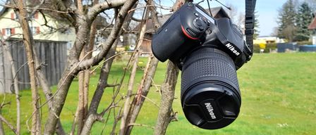 Eine Nikon-Kamera hängt an einem Baumast in einem Grasbereich mit einem Haus und Bäumen im Hintergrund.