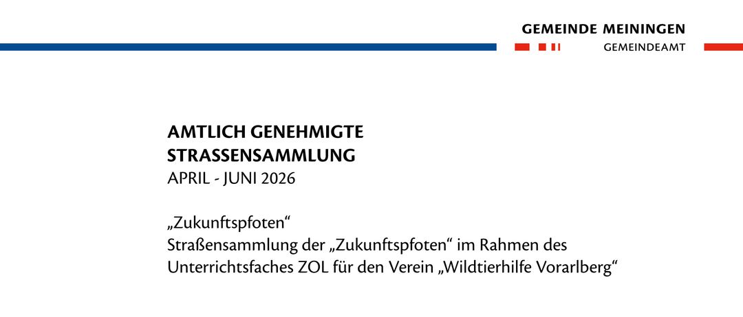 Das Bild zeigt eine offizielle Ankündigung für eine Sammlung von „Zukunftspfote“ im April-Juni 2026. Sie ist von der Gemeinde genehmigt.