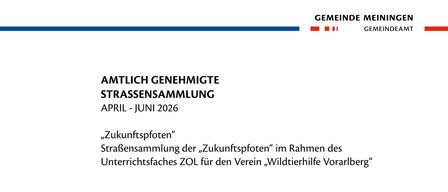 Das Bild zeigt eine offizielle Ankündigung für eine Sammlung von „Zukunftspfote“ im April-Juni 2026. Sie ist von der Gemeinde genehmigt.
