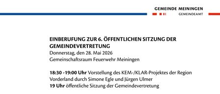Einladung zur 6. öffentlichen Sitzung des Gemeindevertreters am Donnerstag, 28. Mai 2026, 18:30-19:00 Uhr, Vorstellung des KEM-/KLAR-Projekts von Simone Egle und Jürgen Ulmer, anschließend öffentliche Sitzung der Gemeindevertretung.