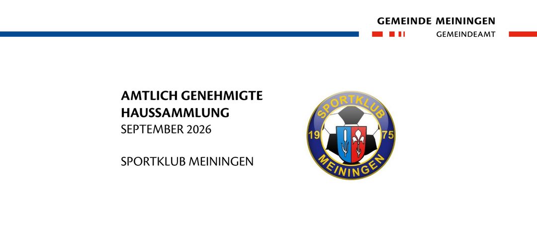 Amtlich genehmigte Haussammlung im September 2026 vom Sportclub Meiningen, mit einem Logo, das einen Fußball, die Zahlen 19 und 75 und einen Schild mit Fleur-de-Lis und einem Dreizack zeigt.