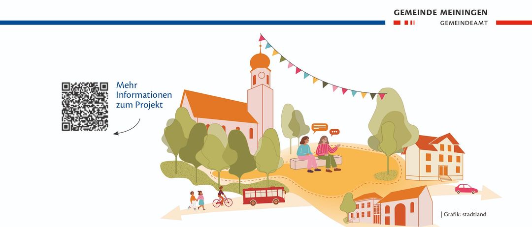 Plakat für eine Gemeinschaftsveranstaltung in Meiningen, Deutschland, die Einwohner einlädt, einen neuen Dorfplatz mit Grünflächen, Sitzgelegenheiten und Veranstaltungsbereichen zu gestalten. Die Veranstaltung ist für den 2. Oktober 2026 um 15:30 Uhr geplant.
