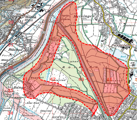 Topografische Karte mit einem hervorgehobenen Bereich, einschließlich verschiedener Bezeichnungen wie 'Rüth', 'Meiningen' und 'Bad', sowie Zahlen und Symbolen, die Straßen, Gebäude und andere geografische Merkmale angeben.