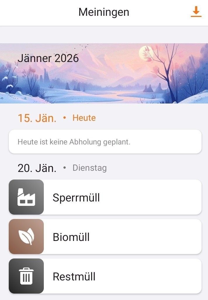 Eine Kalenderseite für Januar 2026 zeigt eine verschneite Landschaft. Der 15. Januar ist mit einem Hinweis versehen, dass 'Heute keine Abholung geplant' ist. Darunter ist der 20. Januar als Dienstag gekennzeichnet. Zwei Optionen erscheinen: 'Spermüll' und 'Biomüll'. Symbole begleiten jede Option.