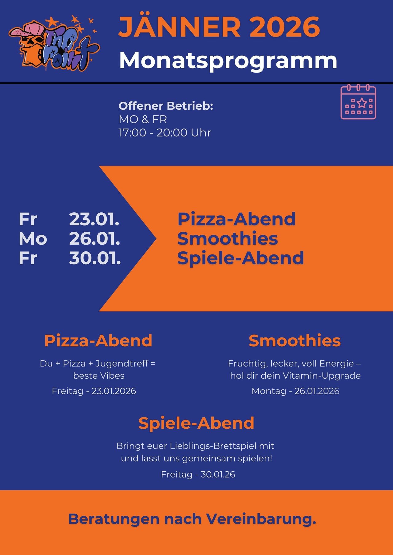 Der offene Betrieb ist Montag und Freitag von 17:00 bis 20:00 Uhr. Veranstaltungen umfassen einen Pizzaabend am 23.01., Smoothies am 26.01. und einen Spieleabend am 30.01.