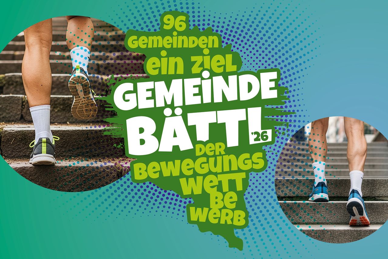 Poster featuring a foot stepping up stairs with '96 Gemeinden ein Ziel' and 'GemeinDe BäTTi' in bold. 'Der Bewegungs Wett Be WerB' is below in smaller text.