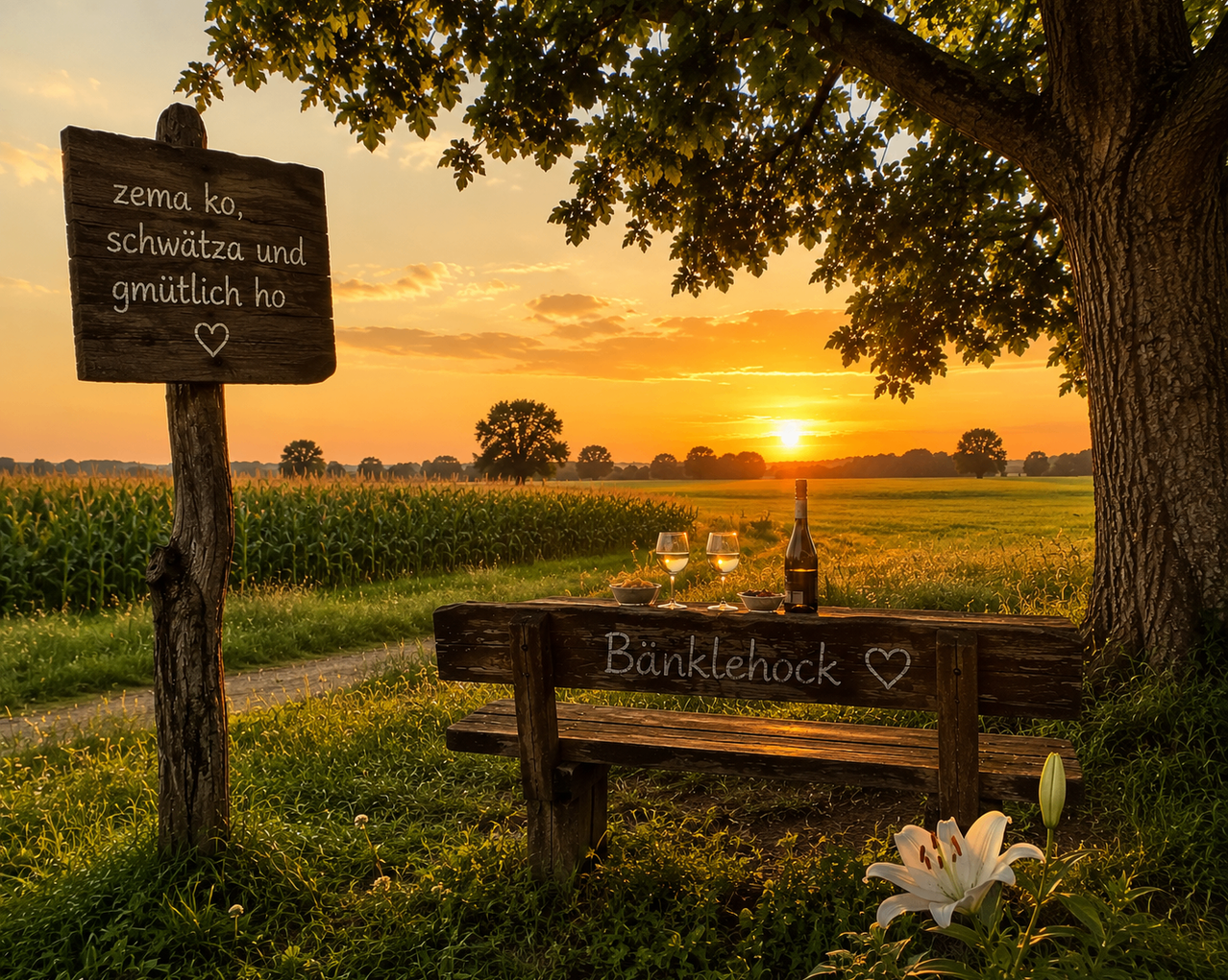 Eine Holzbank unter einem Baum mit einer Flasche Wein, zwei Gläsern und einer Schüssel mit Obst. Die Bank hat ein Schild mit der Aufschrift 'Bänklehock'. Die Szene spielt sich in einem Feld mit einem Sonnenuntergang im Hintergrund ab.