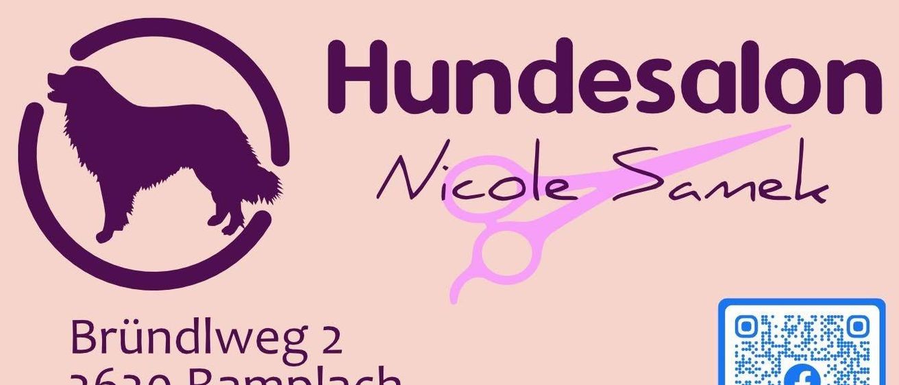 Ein Poster für Hundesalon Nicole mit einer Silhouette eines Hundes, Scheren und Kontaktdaten.