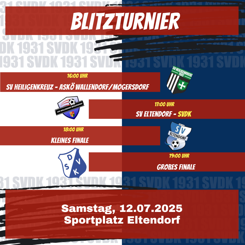 Ein Bild zeigt einen Zeitplan für ein Sportevent. Es zeigt vier Spiele mit Zeiten: 16:00, 17:00, 18:00 und 19:00. Der Ort ist Eltendorf am 12.07.2025.