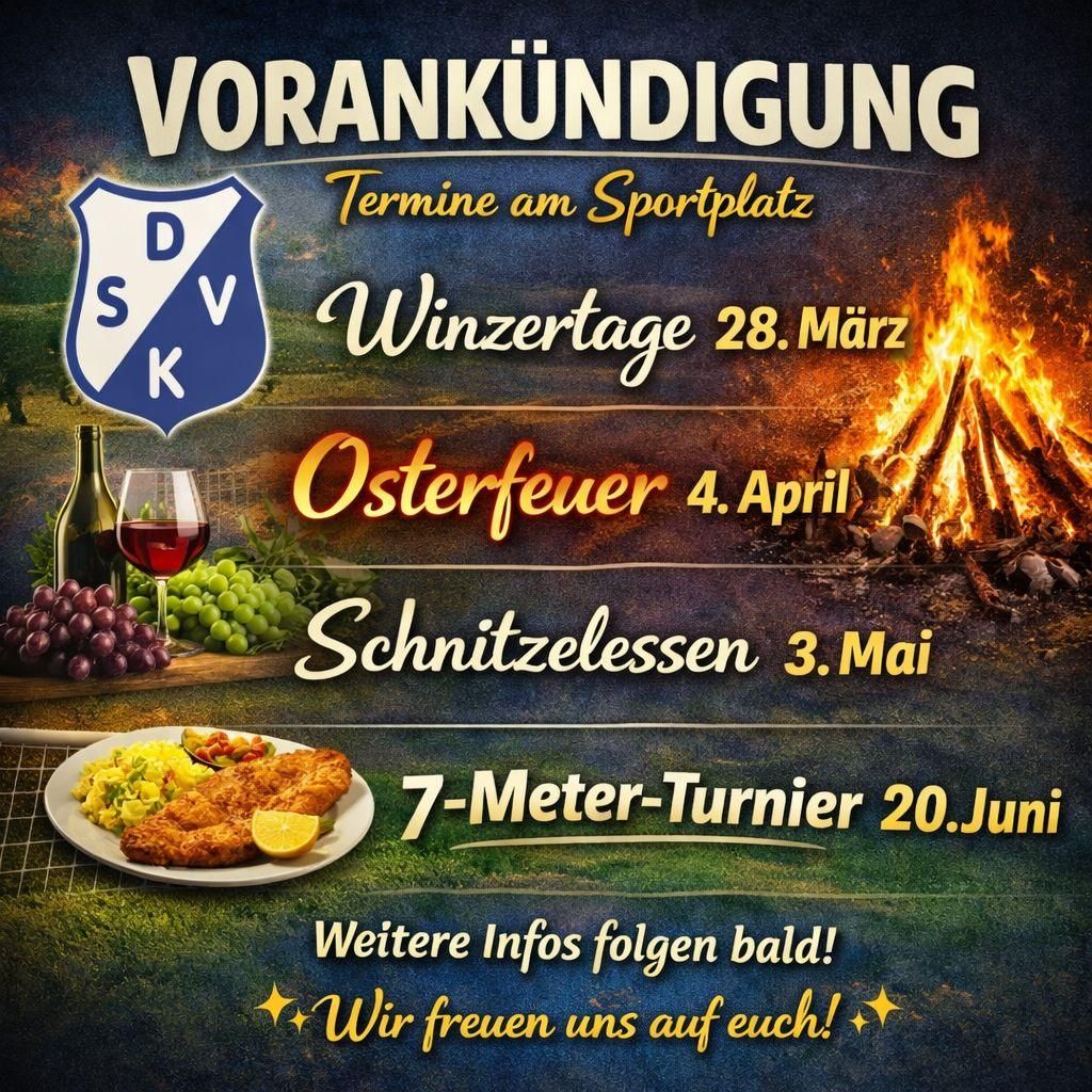 An advertisement for sports events including wine tasting, Easter bonfire, Schnitzelessen, and a 7-meter tournament, with a sports club logo and a plate of food.