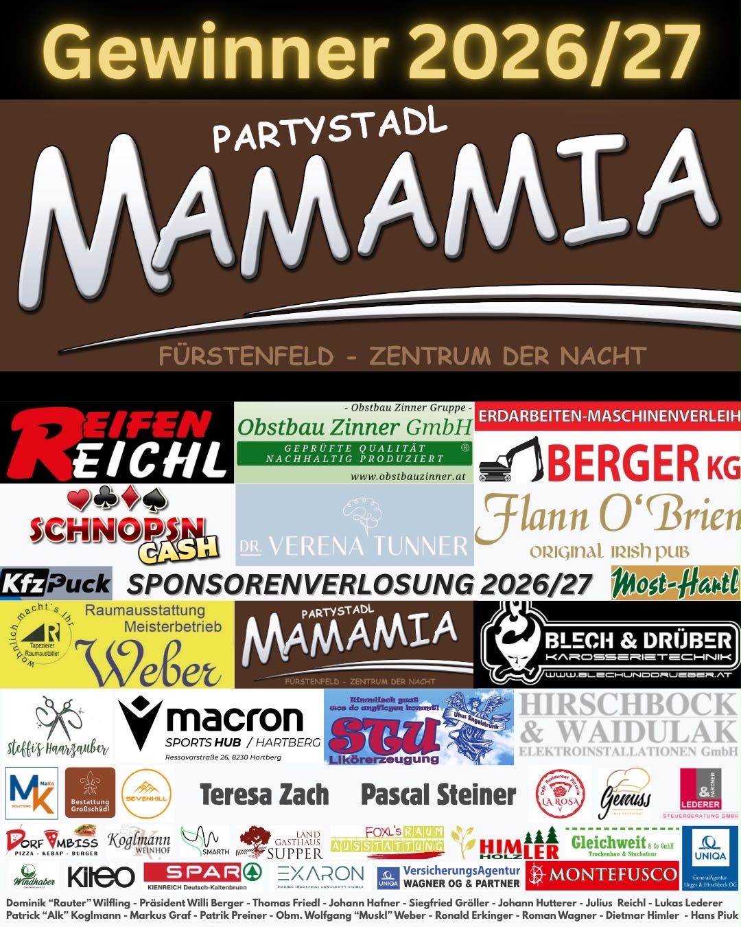 Ein Werbeplakat für die Partystadl Mamamia-Veranstaltung in Furstenfeld, mit Logos verschiedener Sponsoren und Unternehmen, darunter Obstbau Zinner Gruppe, Berger KG und Schnopsn Cash. Das Plakat ist mit farbenfrohen Werbungen und Texten gefüllt.