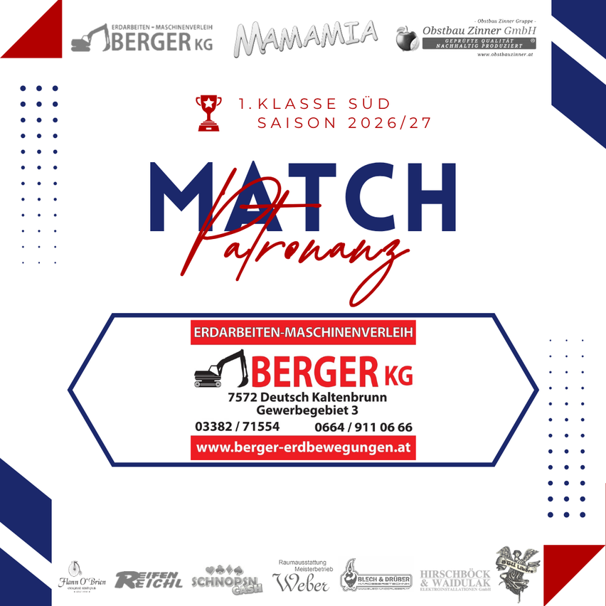 Plakat zur Werbung für die Match-Patenschaftsveranstaltung für die Saison 2026/27. Zeigt Logos von Berger KG, Obstbau Zinner GmbH und anderen Sponsoren. Kontaktdaten und Website enthalten.