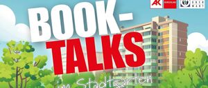 Book-Talks ist ein Podcast mit einer Cartoon-Illustration eines Stadtparks und eines Gebäudes mit vielen Fenstern. Die Worte Book-Talks sind in Rot und Weiß geschrieben.