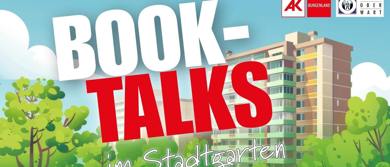 Book-Talks ist ein Podcast mit einer Cartoon-Illustration eines Stadtparks und eines Gebäudes mit vielen Fenstern. Die Worte Book-Talks sind in Rot und Weiß geschrieben.