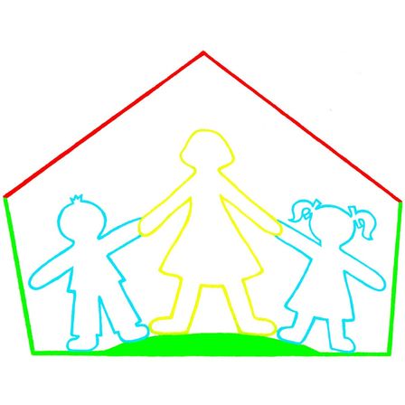 Eine handgezeichnete Illustration einer Familie, bestehend aus einer Mutter, die mit zwei Kindern Händchen hält, vor einer Haussilhouette.