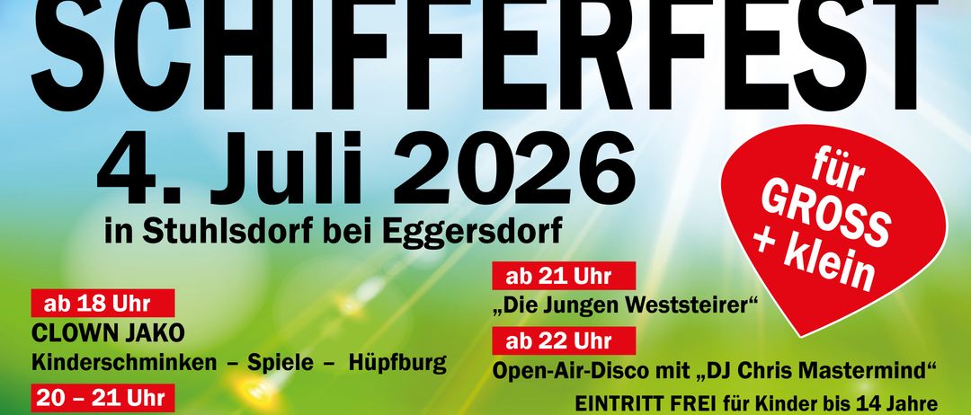 Plakat für eine Veranstaltung im Juli 2026 in Dorf bei Eggersdorff. Bietet "Die Jungen Weststeiger" und eine Open-Air-Disco mit DJ. Der Eintritt ist frei.