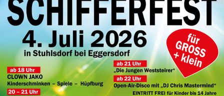 Plakat für eine Veranstaltung im Juli 2026 in Dorf bei Eggersdorff. Bietet "Die Jungen Weststeiger" und eine Open-Air-Disco mit DJ. Der Eintritt ist frei.