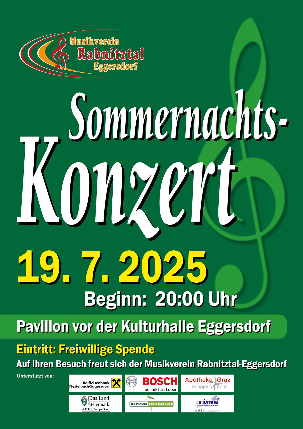 Plakat für ein Sommernachtskonzert in Eggersdorf am 19. Juli 2025, Beginn um 20:00 Uhr. Die Veranstaltung findet im Pavillon vor der Kulturhalle Eggersdorf statt. Der Eintritt ist frei; Spenden sind willkommen.