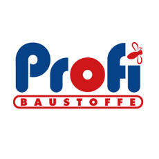 Das Logo von Profi Baustoffe zeigt ein blaues und rotes Farbschema mit dem Wort Profi in Blau und Baustoffe in Rot. Ein Bienensymbol befindet sich über dem Wort Profi.