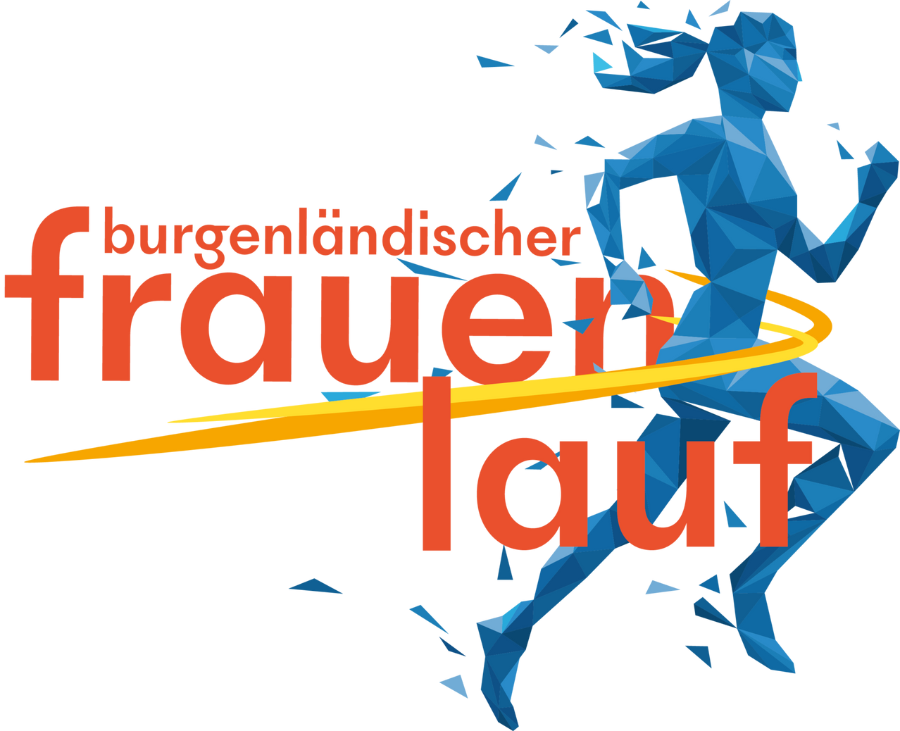 Ein Poster mit einer blauen geometrischen Figur einer laufenden Frau, vor schwarzem Hintergrund mit 'Burgenlandischer Frauenlauf' in rotem und blauem Text.