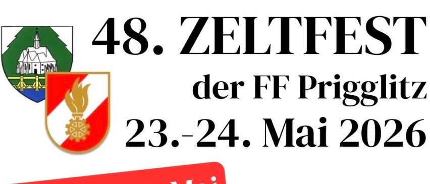 Veranstaltung in Prigglitz am 23.-24. Mai 2026. Samstag ab 21 Uhr, Sonntag ab 10 Uhr. Events umfassen Traktorziehen mit Kategorien für Herren, gemischte und Damen-Teams.