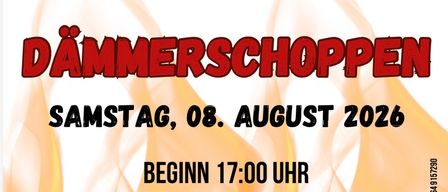 Poster for Dämmerschoppen event on August 8, 2026, starting at 5 PM at Prigglitz community house. Features musical entertainment with 'Muski Bua' and includes a grill competition.