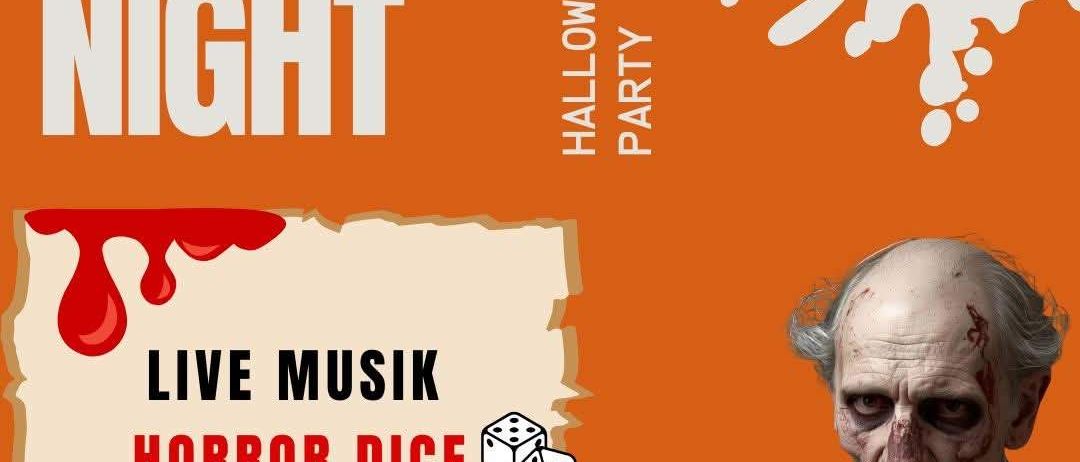 Plakat für die Halloween-Nacht bei K&K mit Live-Musik, Horror-Würfel und gruseligen Getränken. Ein Mann in Militäruniform mit Blutflecken trinkt Wein.