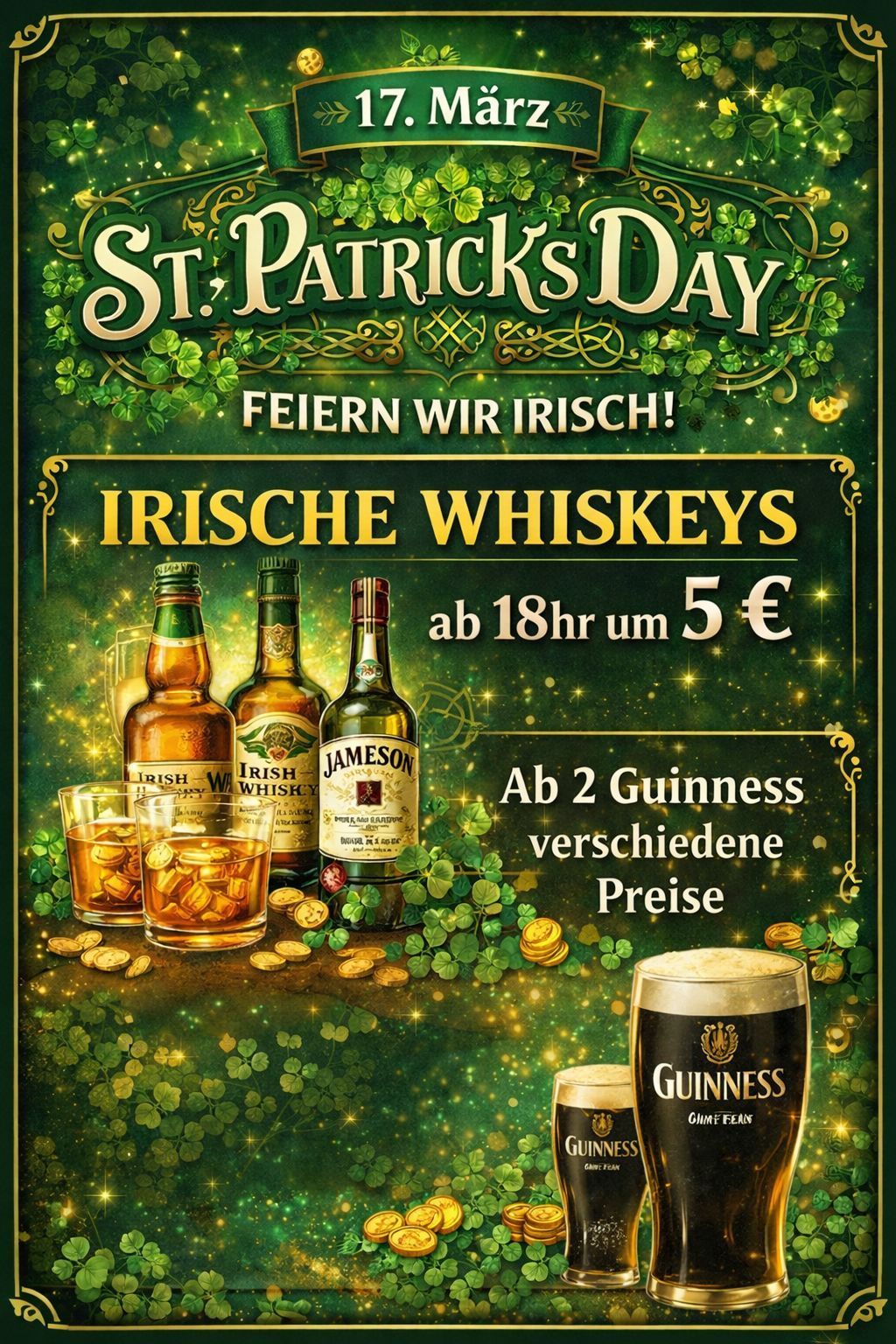 St. Patrick's Day Feier mit irischen Whiskeys. Jameson, irische Whiskeyflaschen und gefüllte Gläser. Preis 5 Euro nach 18 Uhr. Zwei Guinness zu verschiedenen Preisen.