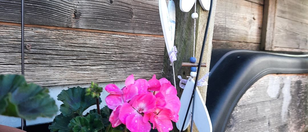 Ein blaues ovales Schild mit der Aufschrift 'WELCOME' ist an einer Holzwand befestigt. Darunter befindet sich eine rosa Blume in einem Korb.