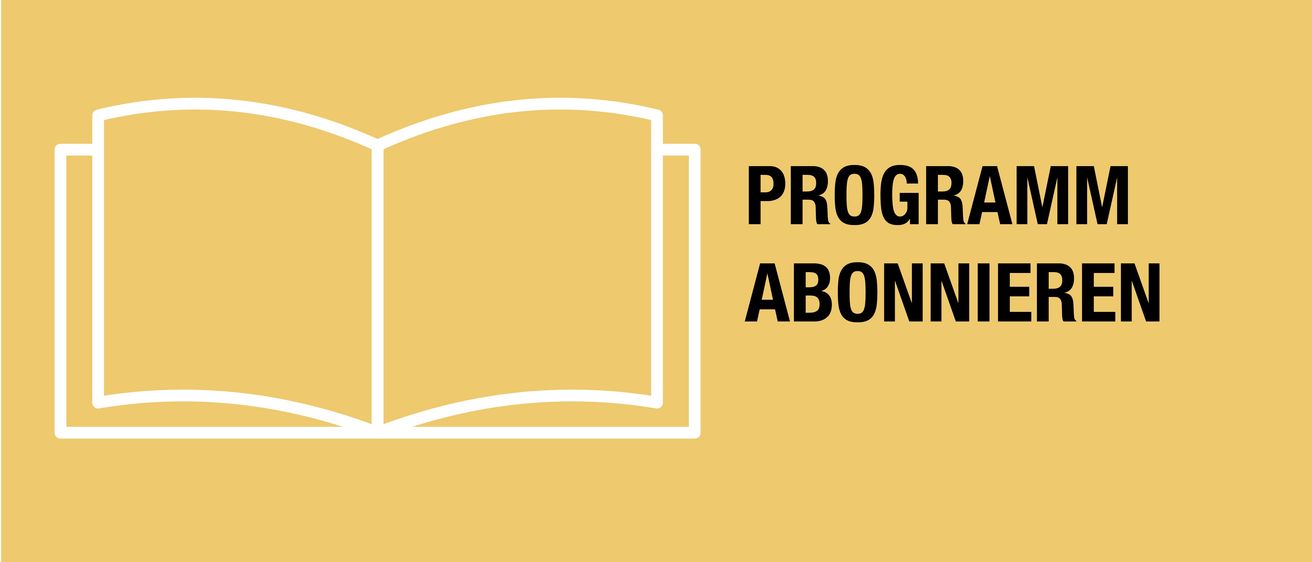 Ein offenes Buch mit gelbem Hintergrund zeigt das Wort 'PROGRAMM' und 'ABONNE' in fetter, serifenloser Schrift.