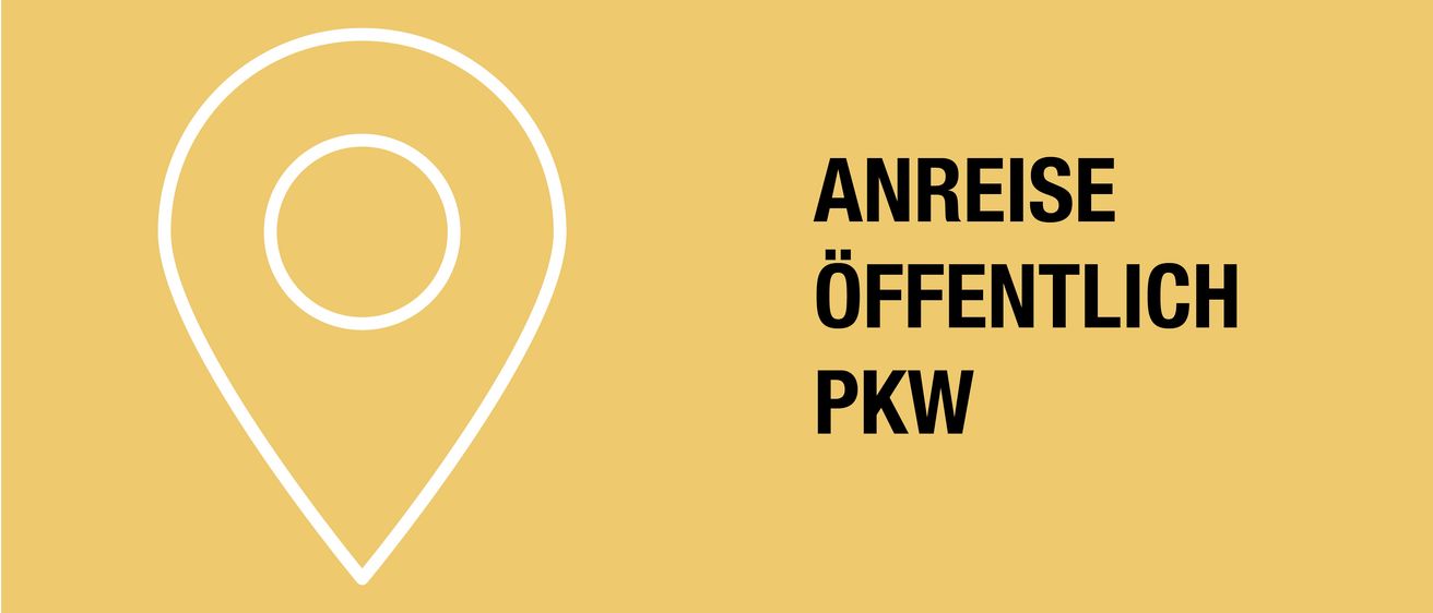 Ein gelber Hintergrund mit einem weißen Standort-Pin-Symbol und dem Text 'ANREISE OE FFENT PK W' in schwarz angezeigt.