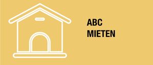 Ein einfaches Haussymbol auf gelbem Hintergrund mit 'ABC MIETEN' in Schwarz geschrieben. Das Haus hat ein Dach, eine Tür und ein Fenster.