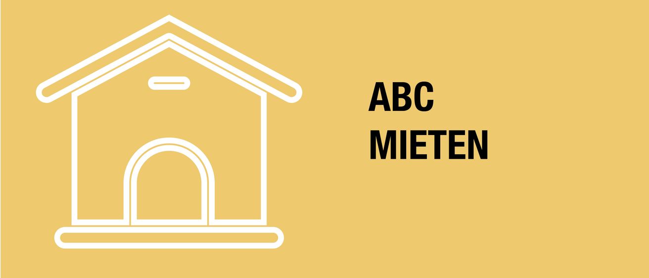 Ein einfaches Haussymbol auf gelbem Hintergrund mit 'ABC MIETEN' in Schwarz geschrieben. Das Haus hat ein Dach, eine Tür und ein Fenster.