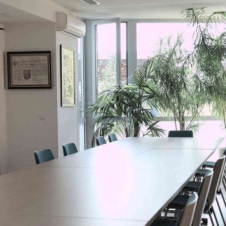 Ein leerer Besprechungsraum mit einem langen Tisch und Stühlen. Vor den Fenstern stehen Topfpflanzen. An der Wand hängt ein Zertifikat.